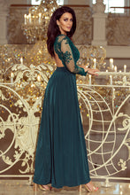 Load image into Gallery viewer, 213-1 ARATI long dress with embroidered neckline and long sleeves - dark green