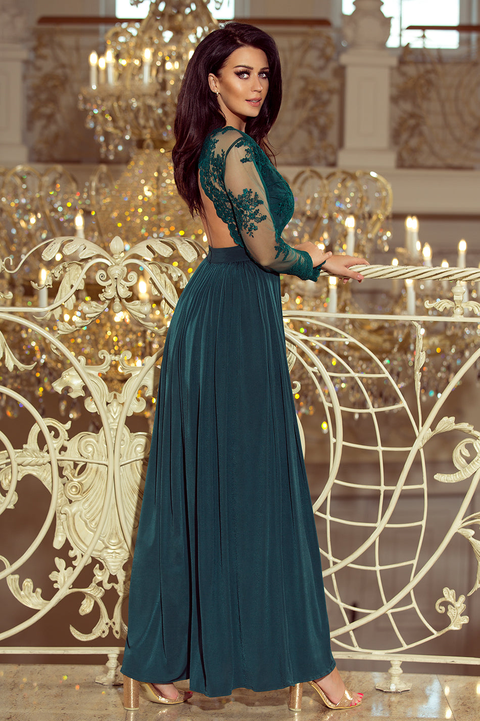 213-1 ARATI long dress with embroidered neckline and long sleeves - dark green