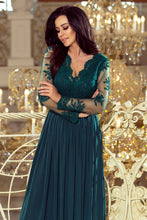 Load image into Gallery viewer, 213-1 ARATI long dress with embroidered neckline and long sleeves - dark green