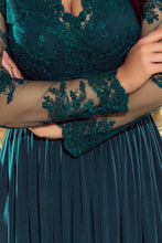 Load image into Gallery viewer, 213-1 ARATI long dress with embroidered neckline and long sleeves - dark green