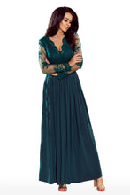 Load image into Gallery viewer, 213-1 ARATI long dress with embroidered neckline and long sleeves - dark green