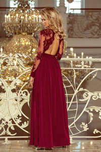 213-2 ARATI long dress with embroidered neckline and long sleeves - burgundy color