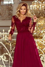 Load image into Gallery viewer, 213-2 ARATI long dress with embroidered neckline and long sleeves - burgundy color