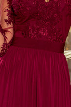 Load image into Gallery viewer, 213-2 ARATI long dress with embroidered neckline and long sleeves - burgundy color