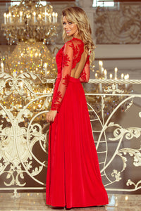 213-3 ARATI long dress with embroidered neckline and long sleeves - red color