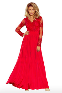 213-3 ARATI long dress with embroidered neckline and long sleeves - red color