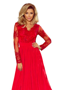 213-3 ARATI long dress with embroidered neckline and long sleeves - red color