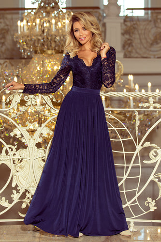 214-1 MADLEN long dress with lace neckline and long sleeves - dark blue