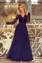 Load image into Gallery viewer, 214-1 MADLEN long dress with lace neckline and long sleeves - dark blue