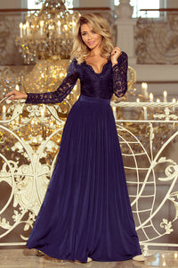214-1 MADLEN long dress with lace neckline and long sleeves - dark blue