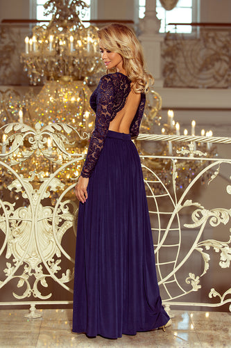 214-1 MADLEN long dress with lace neckline and long sleeves - dark blue