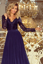 Load image into Gallery viewer, 214-1 MADLEN long dress with lace neckline and long sleeves - dark blue