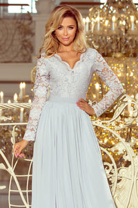 Numoco 214-2 MADLEN long dress with lace neckline and long sleeves - grey colour