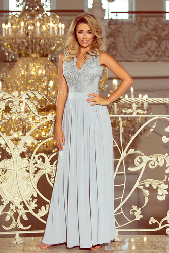 Numoco 215-1 LEA long sleeveless dress with embroidered cleavage - silver color