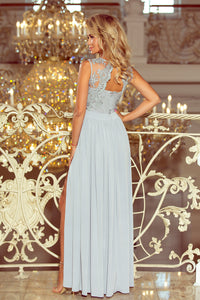 Numoco 215-1 LEA long sleeveless dress with embroidered cleavage - silver color