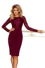 Load image into Gallery viewer, 216-3 EMMA elegant pencil dress with lace - Burgundy color