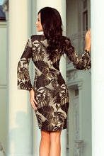Load image into Gallery viewer, 221-1 Dress with flared sleeve - leaves - KHAKI