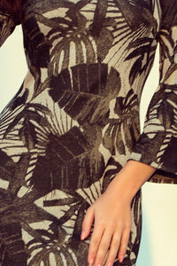 221-1 Dress with flared sleeve - leaves - KHAKI