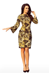221-2 Dress with flared sleeve - leaves - mustard