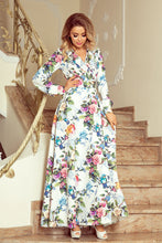Load image into Gallery viewer, Numoco 245-1 Long dress with frill and cleavage - colorful roses and blue birds