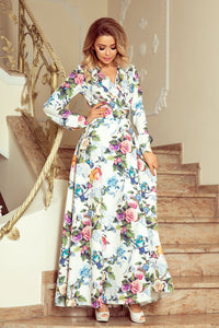 Numoco 245-1 Long dress with frill and cleavage - colorful roses and blue birds
