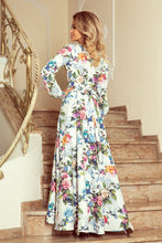 Load image into Gallery viewer, Numoco 245-1 Long dress with frill and cleavage - colorful roses and blue birds