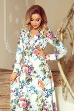 Load image into Gallery viewer, Numoco 245-1 Long dress with frill and cleavage - colorful roses and blue birds