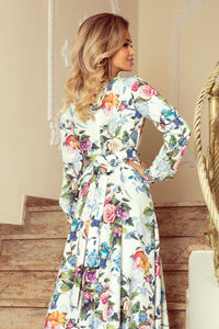 Numoco 245-1 Long dress with frill and cleavage - colorful roses and blue birds