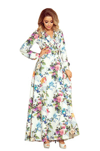Numoco 245-1 Long dress with frill and cleavage - colorful roses and blue birds