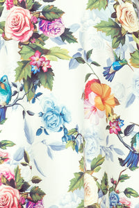 Numoco 245-1 Long dress with frill and cleavage - colorful roses and blue birds
