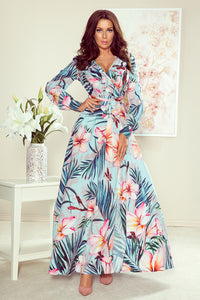 245-2 Long dress with frill and cleavage - pink flowers