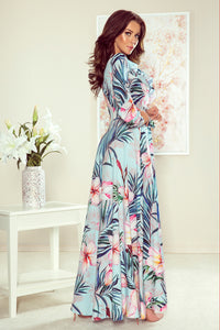 245-2 Long dress with frill and cleavage - pink flowers