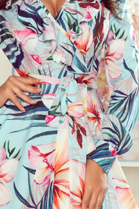 245-2 Long dress with frill and cleavage - pink flowers