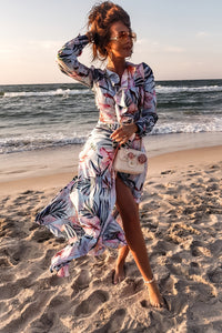 245-2 Long dress with frill and cleavage - pink flowers