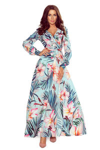 245-2 Long dress with frill and cleavage - pink flowers