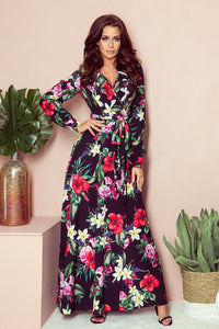 Numoco 245-3 Long dress with frill and cleavage - red flowers