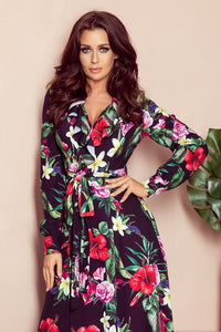 Numoco 245-3 Long dress with frill and cleavage - red flowers
