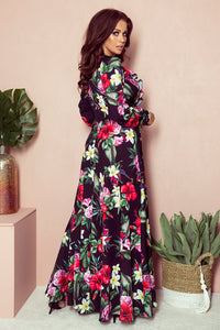 Numoco 245-3 Long dress with frill and cleavage - red flowers