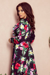 Numoco 245-3 Long dress with frill and cleavage - red flowers