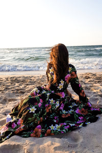 Numoco 245-3 Long dress with frill and cleavage - red flowers