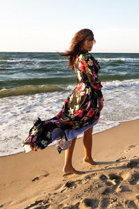 Numoco 245-3 Long dress with frill and cleavage - red flowers