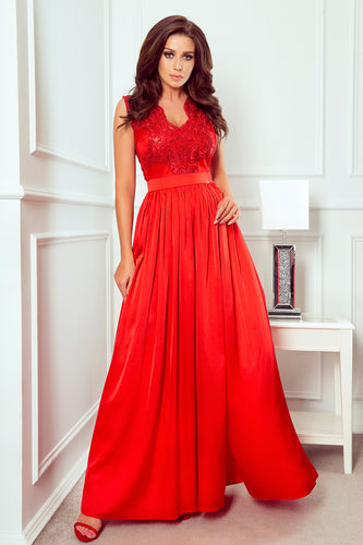 Numoco 256-3 SALLY long dress with embroidered neckline - red