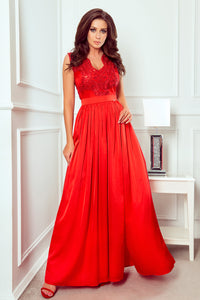 256-3 SALLY long dress with embroidered neckline - red