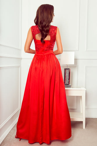 256-3 SALLY long dress with embroidered neckline - red