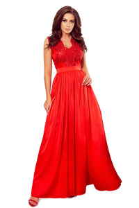 256-3 SALLY long dress with embroidered neckline - red