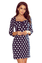 Load image into Gallery viewer, Numoco 263-1 ADELA Dress with a neckline - navy blue with polka dots