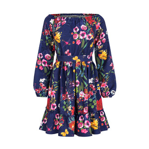 Numoco 265-2 DAISY Dress with frills - flowers + navy blue