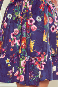 265-2 DAISY Dress with frills - flowers + navy blue