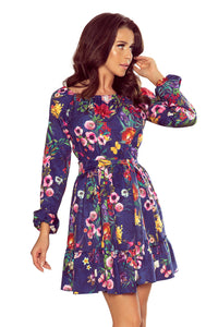 265-2 DAISY Dress with frills - flowers + navy blue