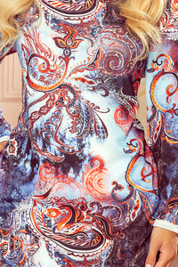 Numoco 282-3 IRENE Turtleneck dress - blue oriental pattern